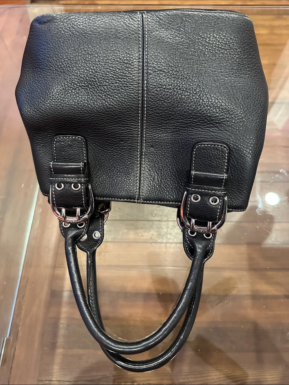 Tignanello Black Pebbled Leather Satchel with Silver Hardware